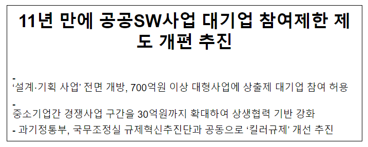11년 만에 공공SW사업 대기업 참여제한 제도 개편 추진 11년 만에 공공SW사업 대기업 참여제한 제도 개편 추진