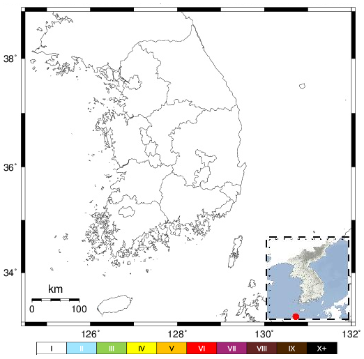 이어도 <b>북동쪽</b> 62km 해역에서 <b>규모</b> 3.8, 진도 II <b>지진</b> 발생.