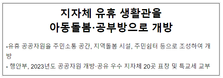 지자체 유휴 생활관을 아동돌봄·공부방으로 개방 지자체 유휴 생활관을 아동돌봄·공부방으로 개방