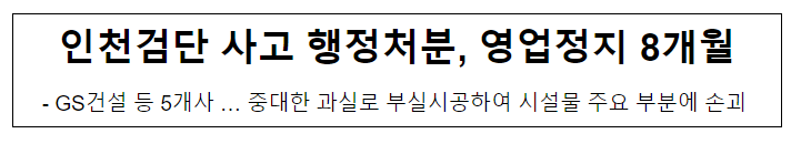 인천검단 사고 행정처분, 영업정지 8개월