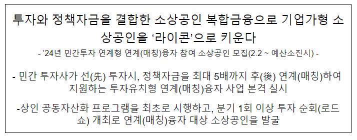 투자와 정책자금을 결합한 소상공인 복합금융으로 기업가형 소상공인을 ‘라이콘’으로 키운다