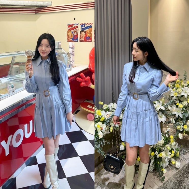  셔츠원피스, 롱부츠, 백팩 청순하고 예쁜 여자 봄패션️