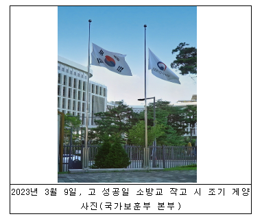 보훈부, ‘고 김수광·박수훈 순직 소방관 애도’ 위해 3일 안장식 당일 조기 게양 보훈부, ‘고 김수광·박수훈 순직 소방관 애도’ 위해 3일 안장식 당일 조기 게양