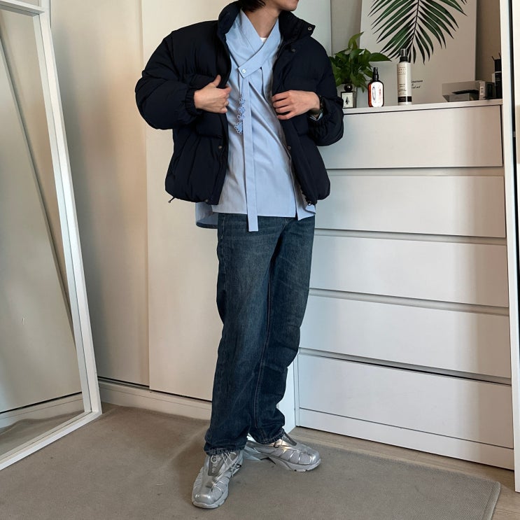 어른 개량 생활한복 블루셔츠 남자 숏패딩 시티보이룩 OOTD 겨울 코디