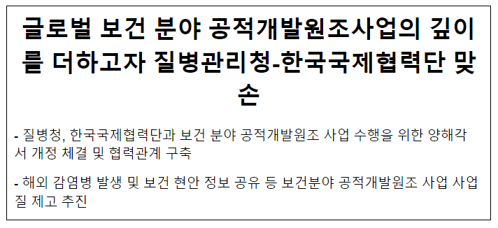 글로벌 보건 분야 공적개발원조사업의 깊이를 더하고자 질병관리청-한국국제협력단 맞손