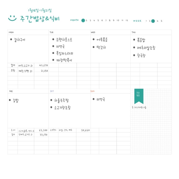  식비 절약 실천 하기. 주간밥상(1.15일-1.21일)