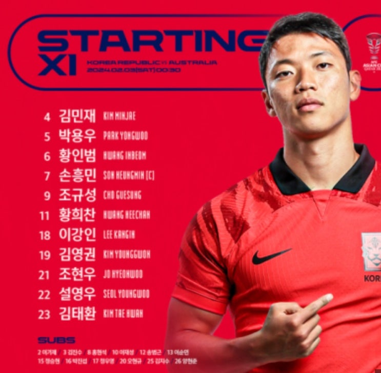 8강 호주전 <b>조규성 선발출전</b> 확정   이강인 황희찬 손흥민... 