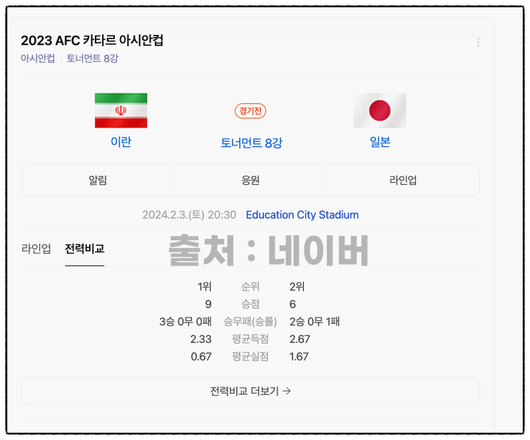 2024년 02월 03일 <b>이란</b> <b>일본</b> 축구 경기 시간 생중계 중계 방송... 