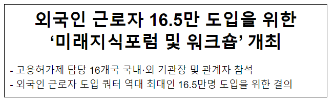 외국인 근로자 16.5만 도입을 위한 ‘미래지식포럼 및 워크숍’ 개최