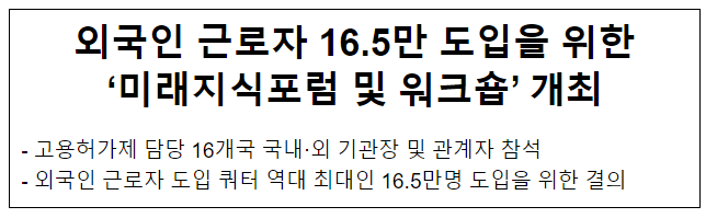 외국인 근로자 16.5만 도입을 위한 ‘미래지식포럼 및 워크숍’ 개최 외국인 근로자 16.5만 도입을 위한 ‘미래지식포럼 및 워크숍’ 개최