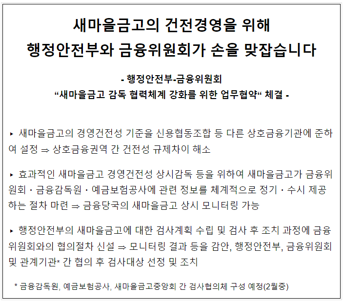 새마을금고의 건전경영을 위해 행정안전부와 금융위원회가 손을 맞잡습니다 새마을금고의 건전경영을 위해 행정안전부와 금융위원회가 손을 맞잡습니다
