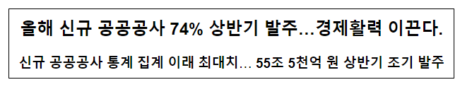 올해 신규 공공공사 74% 상반기 발주…경제활력 이끈다. 올해 신규 공공공사 74% 상반기 발주…경제활력 이끈다.