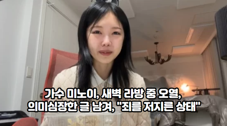 가수 <b>미노이</b>, <b>새벽 라방</b> 중 오열, 의미심장한 글 남겨, "죄를... 