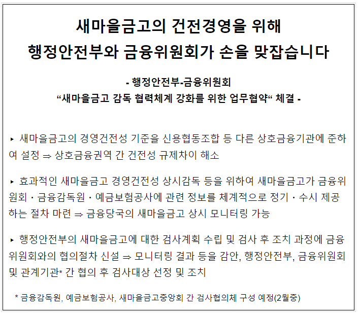 새마을금고의 건전경영을 위해 행정안전부와 금융위원회가 손을 맞잡습니다