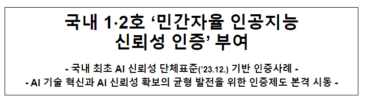 과기정통부, 국내 1·2호 ‘민간자율 인공지능 신뢰성 인증’ 부여 과기정통부, 국내 1·2호 ‘민간자율 인공지능 신뢰성 인증’ 부여