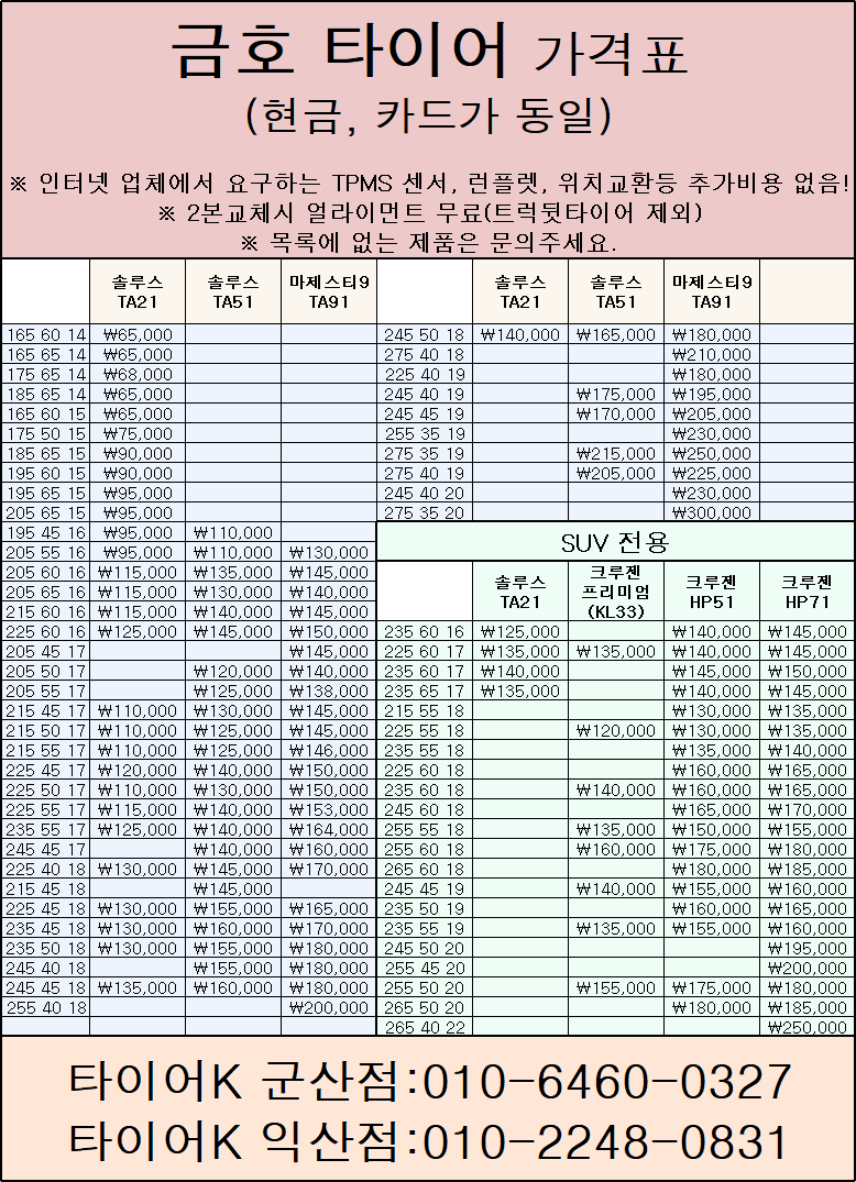 익산, 군산 타이어K 가격표, 한국 금호 넥센 2023년 7월 최신 가격표 (전북 최저가) : 네이버 블로그