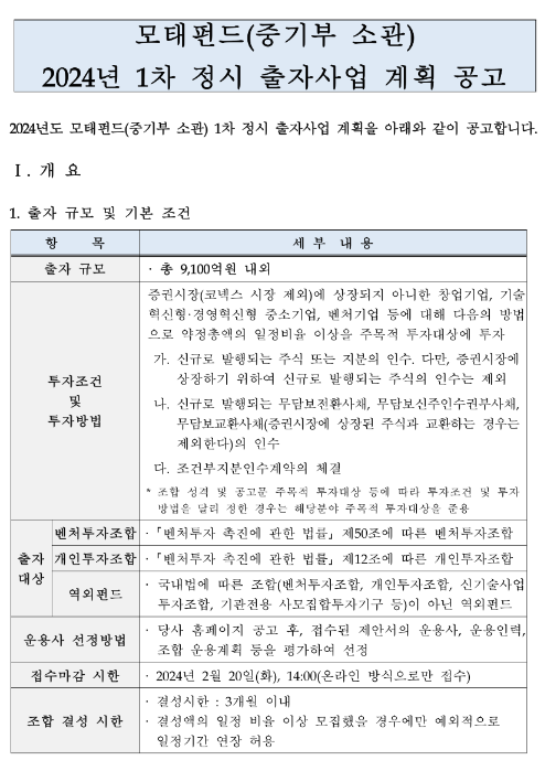 2024년 1차 모태펀드(중소벤처기업부 소관) 정시 출자사업 계획 공고 2024년 1차 모태펀드(중소벤처기업부 소관) 정시 출자사업 계획 공고