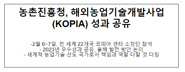 농촌진흥청, 해외농업기술개발사업(KOPIA) 성과 공유 농촌진흥청, 해외농업기술개발사업(KOPIA) 성과 공유