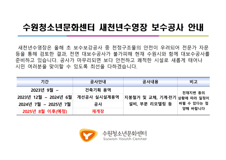  수원 새천년수영장 25년 8월 재개장예정