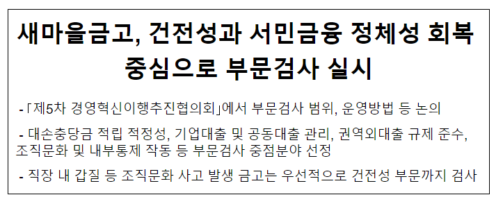 새마을금고, 건전성과 서민금융 정체성 회복 중심으로 부문검사 실시