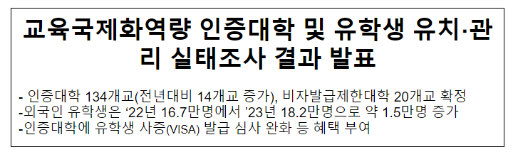 교육국제화역량 인증대학 및 유학생 유치·관리 실태조사 결과 발표 교육국제화역량 인증대학 및 유학생 유치·관리 실태조사 결과 발표