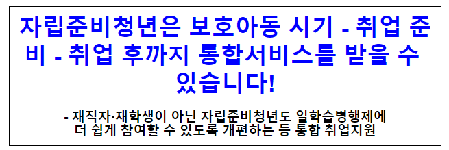 자립준비청년은 보호아동 시기-취업 준비- 취업 후까지 통합서비스를 받을 수 있습니다! 자립준비청년은 보호아동 시기-취업 준비- 취업 후까지 통합서비스를 받을 수 있습니다!