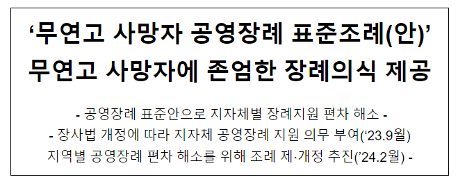 ‘무연고 사망자 공영장례 표준조례(안)’ 무연고 사망자에 존엄한 장례의식 제공 ‘무연고 사망자 공영장례 표준조례(안)’ 무연고 사망자에 존엄한 장례의식 제공