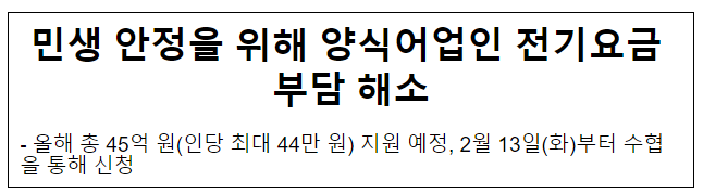 민생 안정을 위해 양식어업인 전기요금 부담 해소 민생 안정을 위해 양식어업인 전기요금 부담 해소