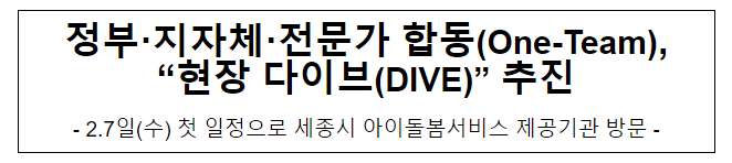 정부·지자체·전문가 합동, "현장 다이브(DIVE)" 추진 정부·지자체·전문가 합동, "현장 다이브(DIVE)" 추진