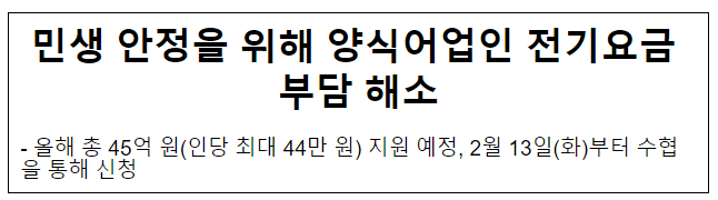 민생 안정을 위해 양식어업인 전기요금 부담 해소