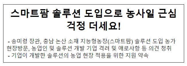 스마트팜 솔루션 도입으로 농사일 근심걱정 더세요! 스마트팜 솔루션 도입으로 농사일 근심걱정 더세요!