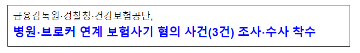 금융감독원·경찰청·건강보험공단, 병원·브로커 연계 보험사기 혐의 사건(3건) 조사·수사 착수