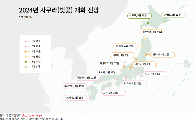  2024년 일본 벚꽃 개화시기 지도 오사카 도쿄 후쿠오카