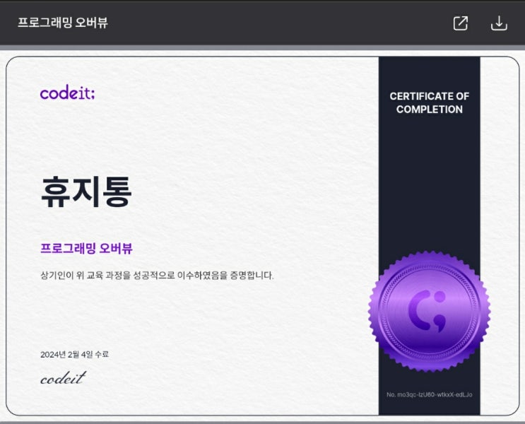  코드잇 수료증을 받았습니다