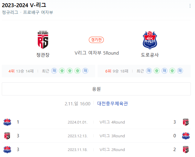  정관장 한국도로공사 2월11일여자배구