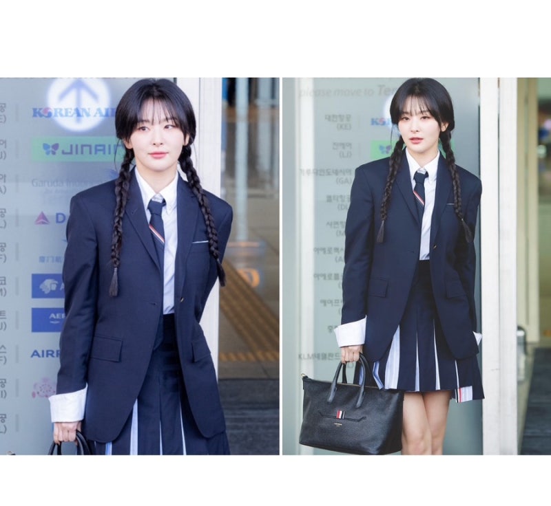 슬기 공항패션 속 톰브라운 자켓, 미니스커트 네이비색조합 여자셋업 가격은?