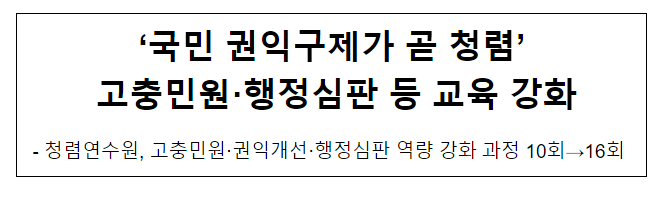 ‘국민 권익구제가 곧 청렴’ 고충민원·행정심판 등 교육 강화 ‘국민 권익구제가 곧 청렴’ 고충민원·행정심판 등 교육 강화