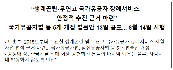 생계곤란·무연고 국가유공자 장례서비스, 안정적 추진 근거 마련 생계곤란·무연고 국가유공자 장례서비스, 안정적 추진 근거 마련