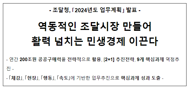 <2024년도 조달청 업무계획> 역동적인 조달시장 만들어 활력 넘치는 민생경제 이끈다 <2024년도 조달청 업무계획> 역동적인 조달시장 만들어 활력 넘치는 민생경제 이끈다