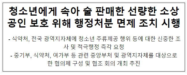 청소년에게 속아 술 판매한 선량한 소상공인 보호 위해 행정처분 면제 조치 시행 청소년에게 속아 술 판매한 선량한 소상공인 보호 위해 행정처분 면제 조치 시행