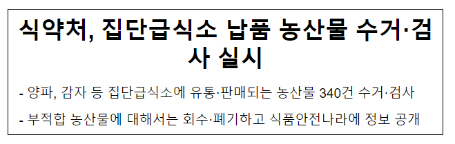 식약처, 집단급식소 납품 농산물 수거.검사 실시