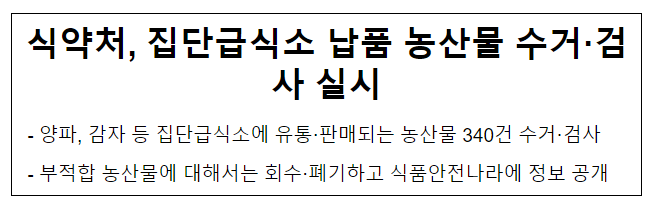 식약처, 집단급식소 납품 농산물 수거.검사 실시 식약처, 집단급식소 납품 농산물 수거.검사 실시