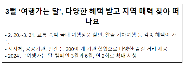 3월 ‘여행가는 달’, 다양한 혜택 받고 지역 매력 찾아 떠나요