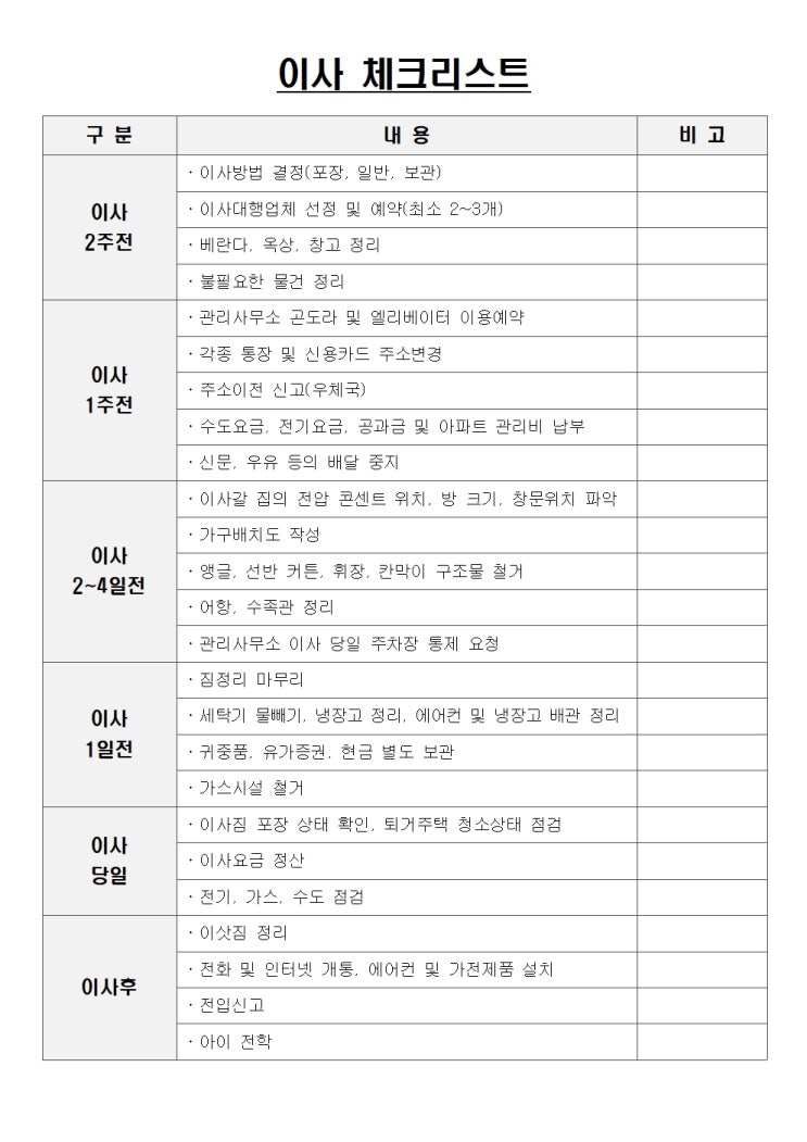 포장이사 체크리스트 양식(다운가능), 이사 견적받기 전부터 확인