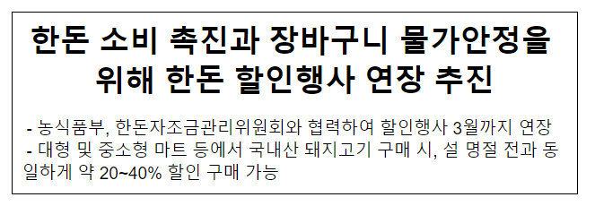 한돈 소비 촉진과 장바구니 물가안정을 위해 한돈 할인행사 연장 추진 한돈 소비 촉진과 장바구니 물가안정을 위해 한돈 할인행사 연장 추진