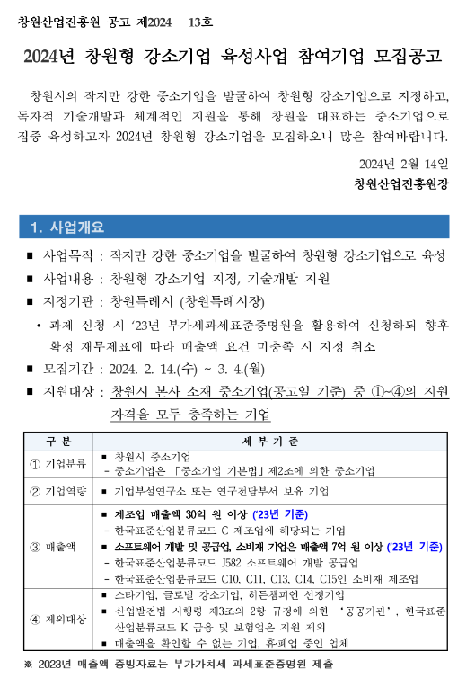 [경남] 창원시 2024년 강소기업 육성사업 참여기업 모집 공고