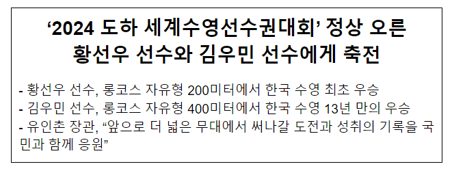 ‘2024 도하 세계수영선수권대회’ 정상 오른 황선우 선수와 김우민 선수에게 축전