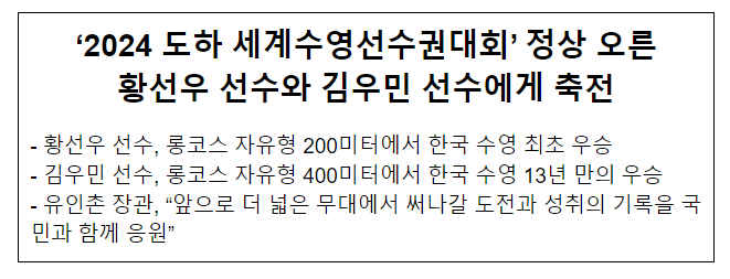 ‘2024 도하 세계수영선수권대회’ 정상 오른 황선우 선수와 김우민 선수에게 축전 ‘2024 도하 세계수영선수권대회’ 정상 오른 황선우 선수와 김우민 선수에게 축전