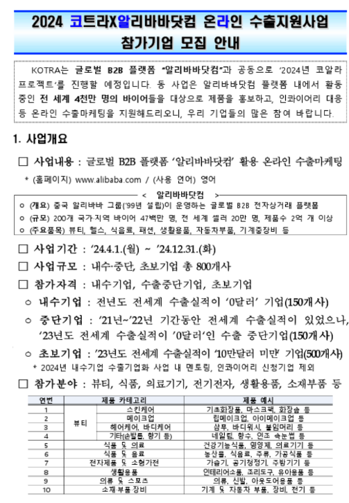 2024년 KOTRAㆍ알리바바닷컴 온라인 수출지원사업 참가기업 모집 공고 2024년 KOTRAㆍ알리바바닷컴 온라인 수출지원사업 참가기업 모집 공고
