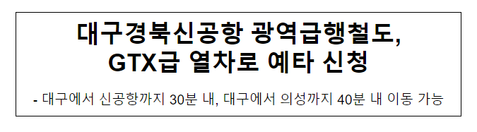 대구경북신공항 광역급행철도, GTX급 열차로 예타 신청 대구경북신공항 광역급행철도, GTX급 열차로 예타 신청